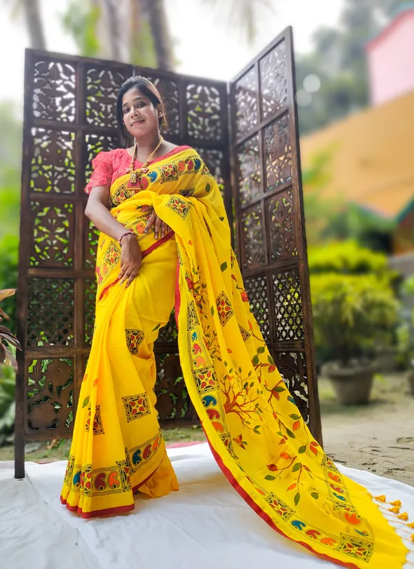 Yellow_Cotton_Hand_Painted_Handloom_Saree