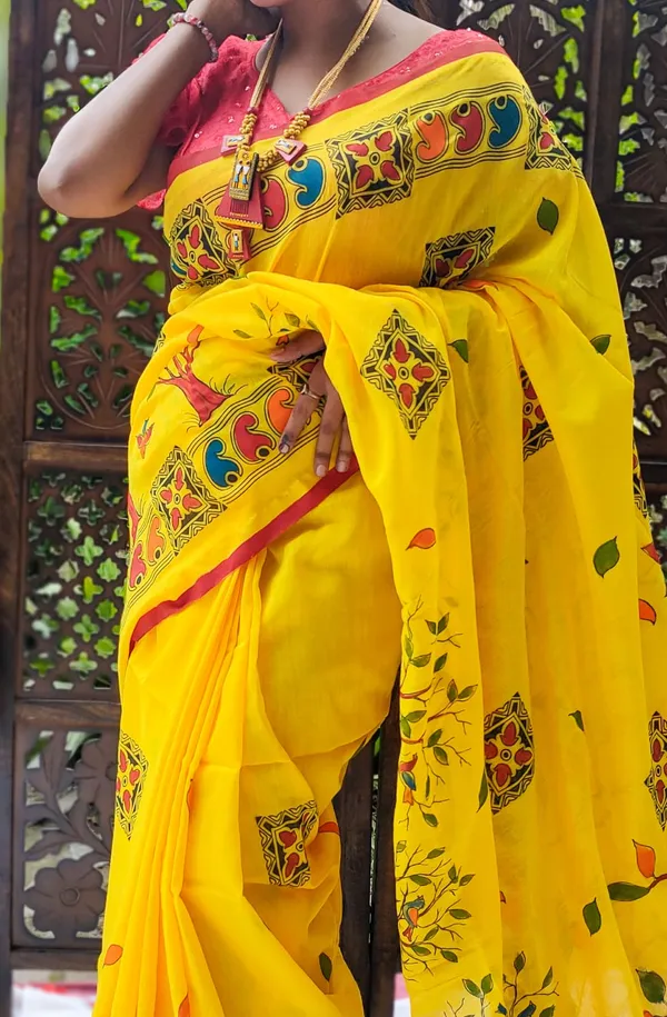 Yellow_Cotton_Hand_Painted_Handloom_Saree