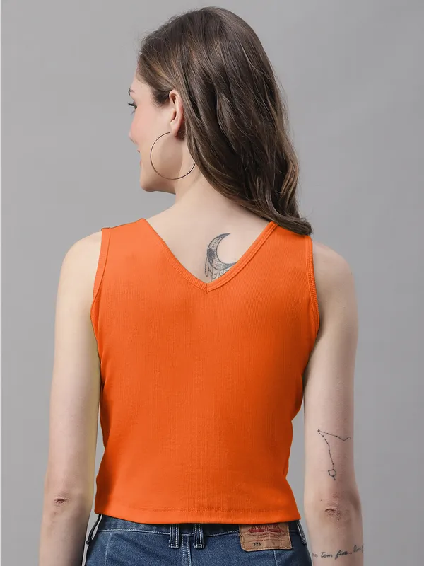 Orange_Cotton_Rib_Round_Neck_Sleeveless_Crop_Top_For_Women