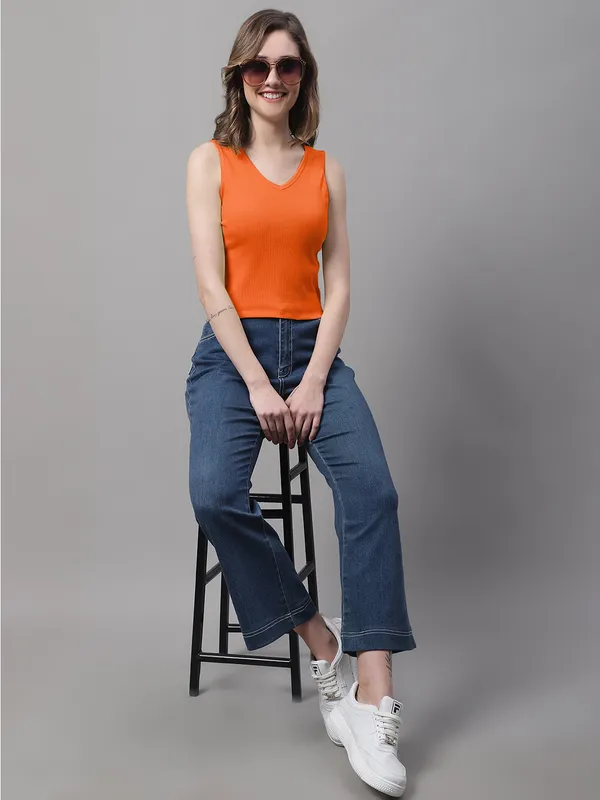Orange_Cotton_Rib_Round_Neck_Sleeveless_Crop_Top_For_Women