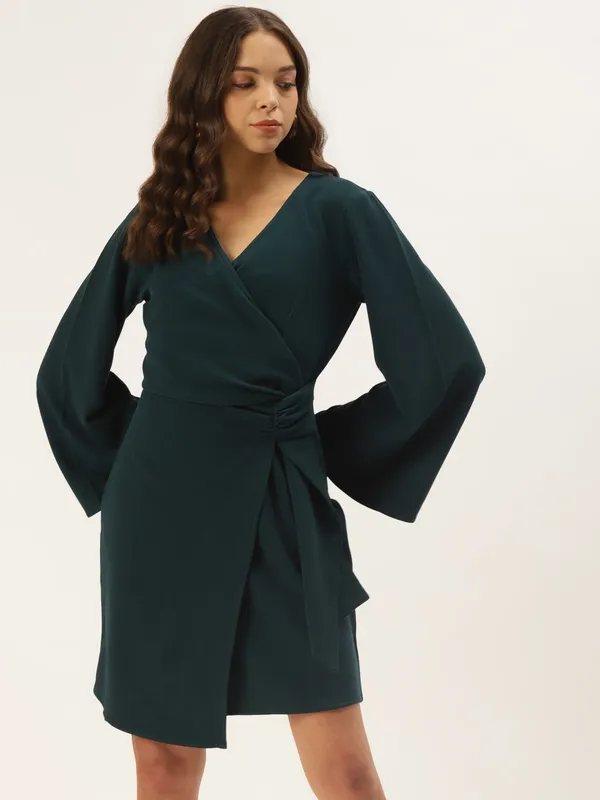 Zastraa_Women_Dark_Green_Solid_Bell-Sleeve_Wrap_Dress