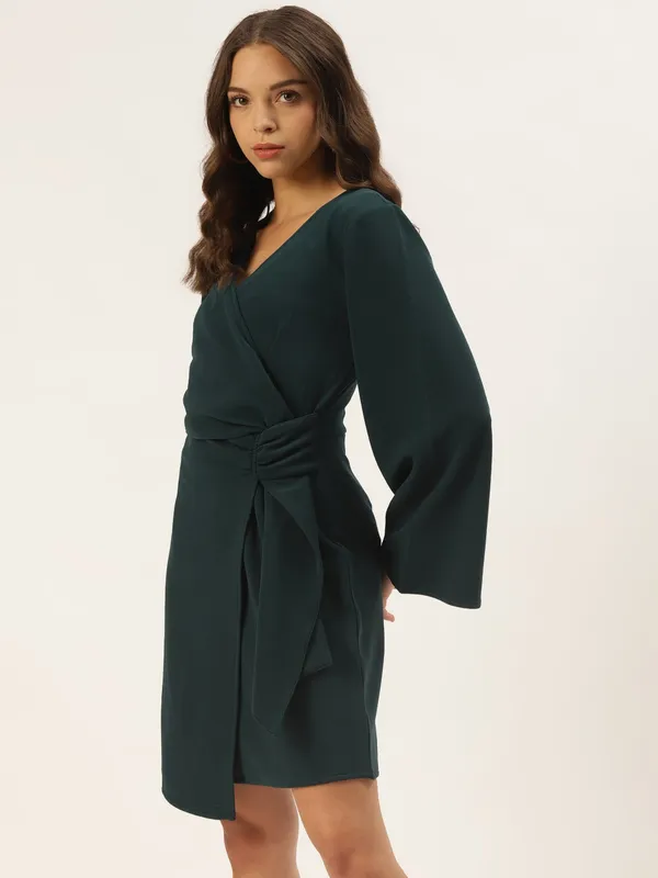 Zastraa_Women_Dark_Green_Solid_Bell-Sleeve_Wrap_Dress