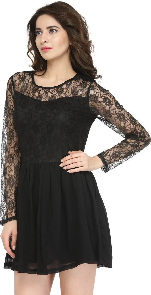 Zastraa_Women_Black_Self_Design_Fit_&_Flare_Dress