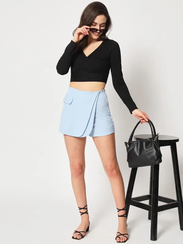 Zastraa_Women_Blue_High-Rise_Crossover_Mini_Skorts