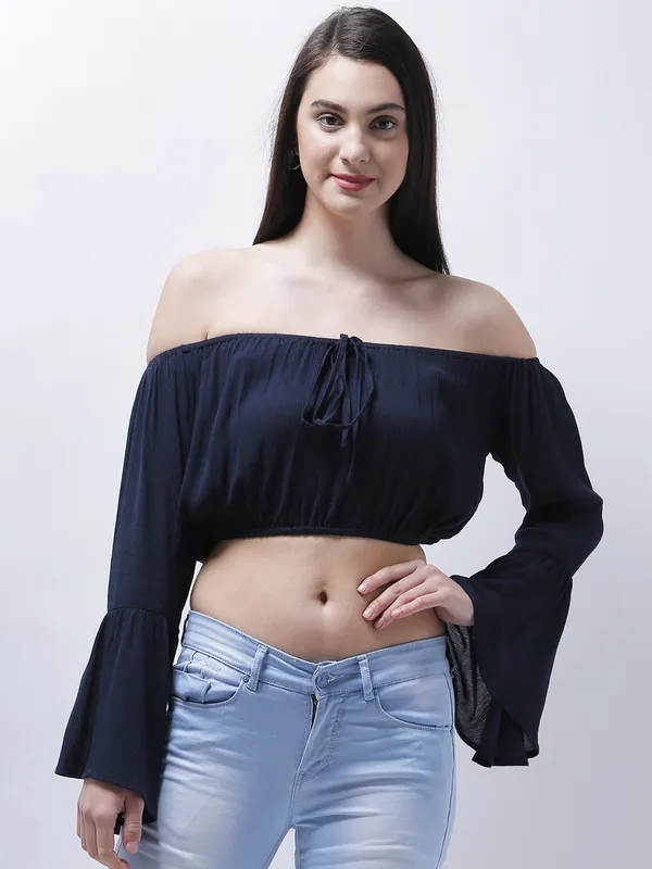 Zastraa_Women_Navy_Blue_Solid_Crop_Bardot_Top
