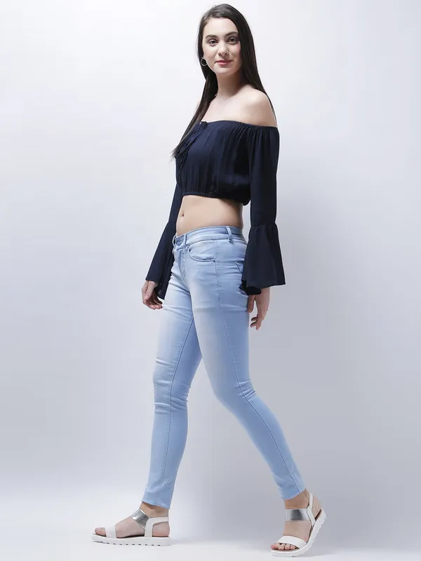 Zastraa_Women_Navy_Blue_Solid_Crop_Bardot_Top
