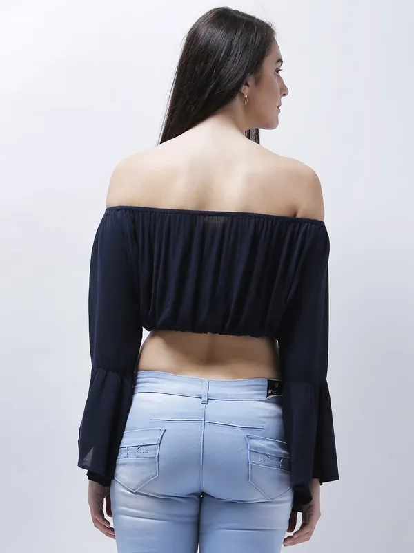 Zastraa_Women_Navy_Blue_Solid_Crop_Bardot_Top