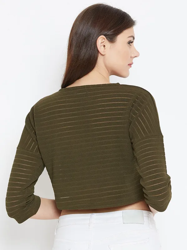 Zastraa_Women_Green_Striped_Boxy_Crop_Top