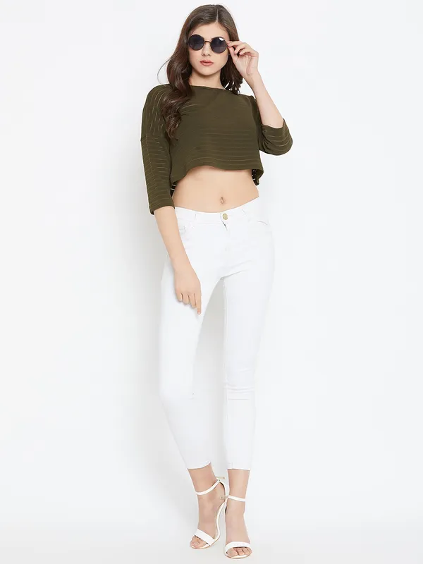 Zastraa_Women_Green_Striped_Boxy_Crop_Top