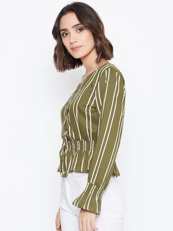 Zastraa_Women_Olive_Green_Striped_Cinched_Waist_Top