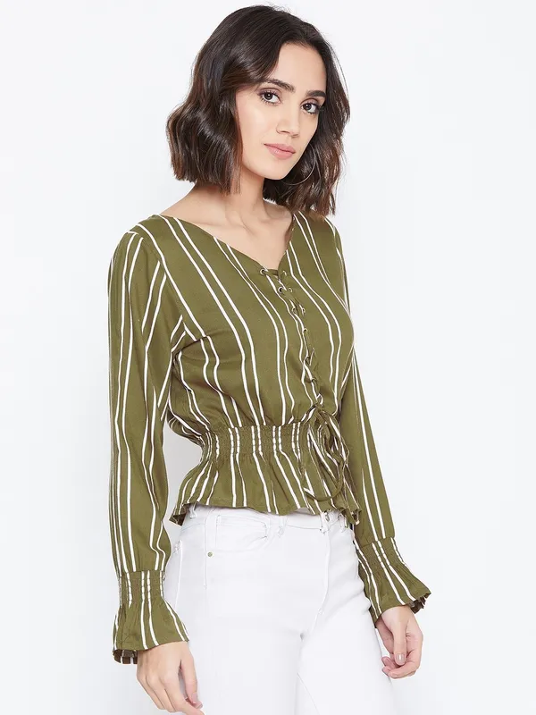 Zastraa_Women_Olive_Green_Striped_Cinched_Waist_Top