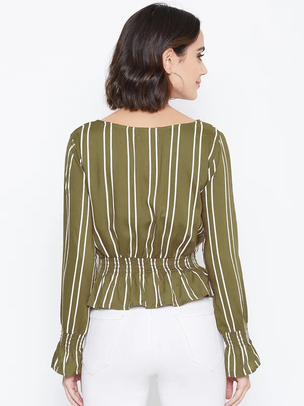 Zastraa_Women_Olive_Green_Striped_Cinched_Waist_Top