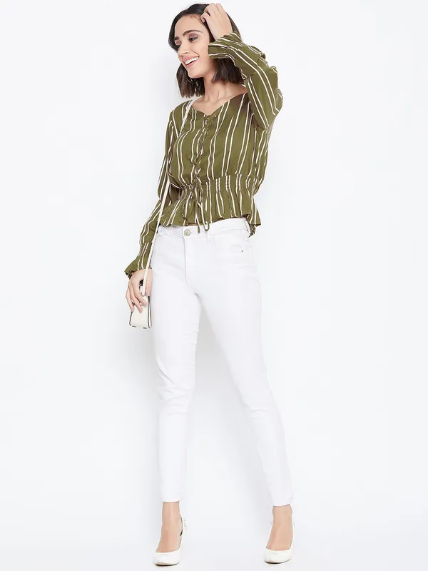 Zastraa_Women_Olive_Green_Striped_Cinched_Waist_Top