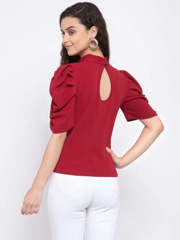 Zastraa_Maroon_Puff_Sleeves_Regular_Top