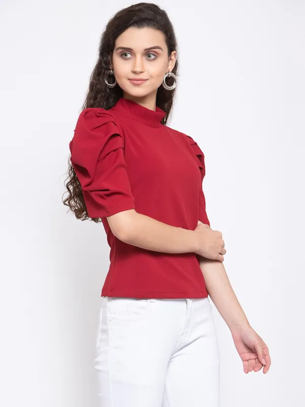 Zastraa_Maroon_Puff_Sleeves_Regular_Top