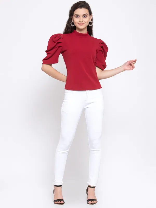 Zastraa_Maroon_Puff_Sleeves_Regular_Top