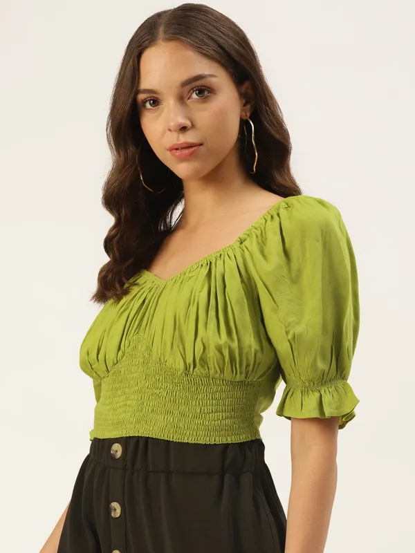 Zastraa_Mustard_Green_Solid_Cinched_Waist_Top