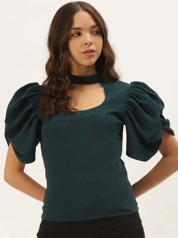 Zastraa_Women_Teal_Green_Solid_Choker_Neck_Fitted_Top