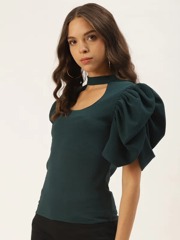 Zastraa_Women_Teal_Green_Solid_Choker_Neck_Fitted_Top