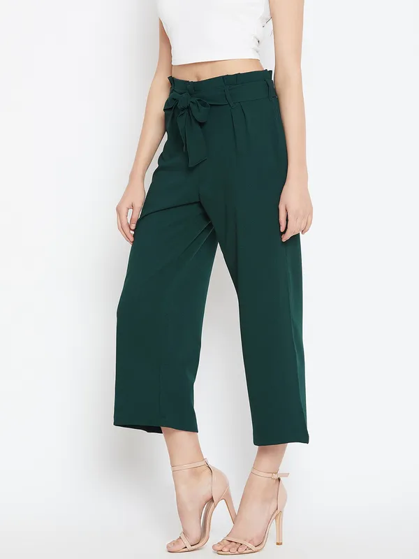 Zastraa_Women_Green_Flared_Solid_Culottes