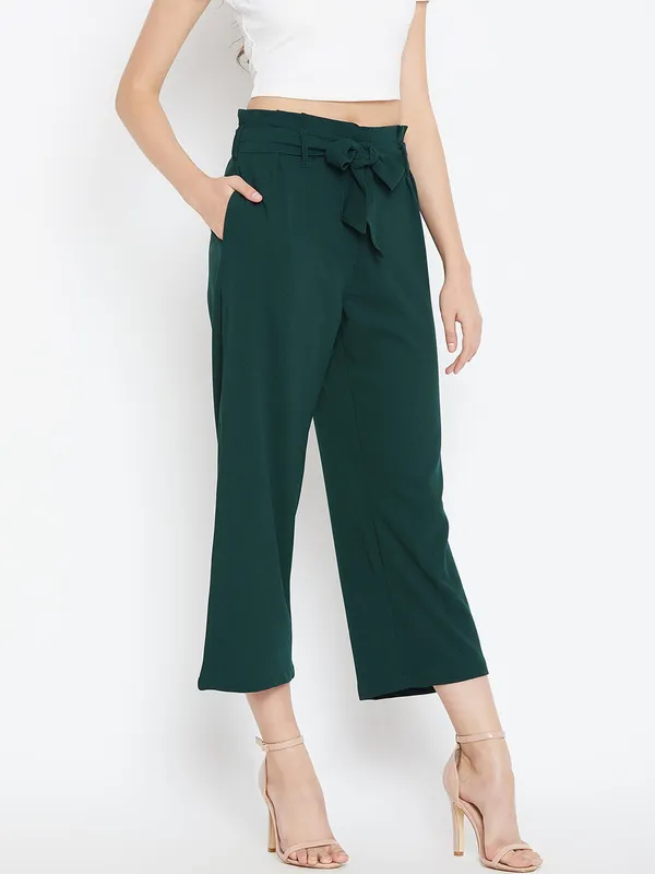 Zastraa_Women_Green_Flared_Solid_Culottes