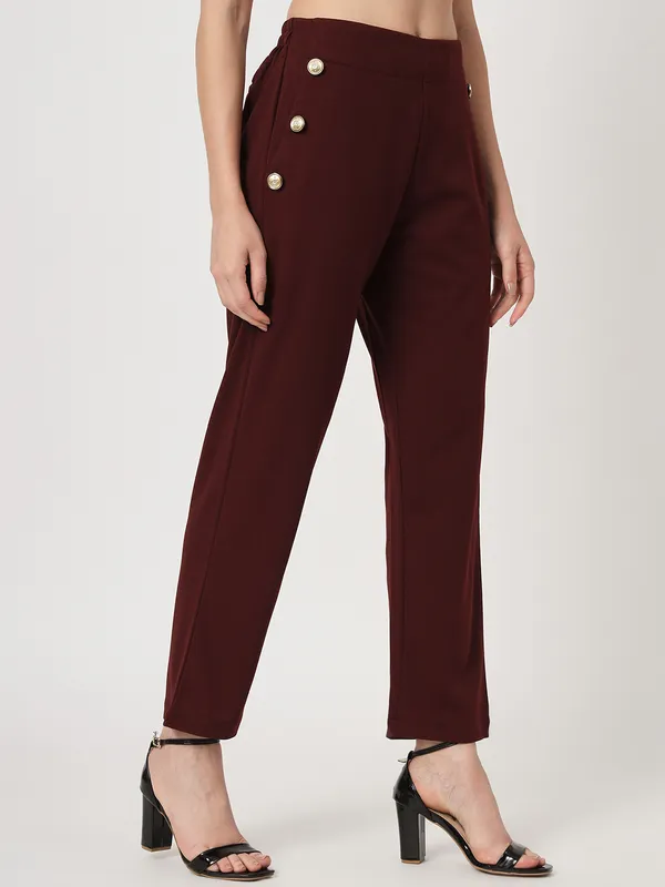 Zastraa_Women_Burgundy_Peg_Leg_Slim_Fit_High-Rise_Trousers