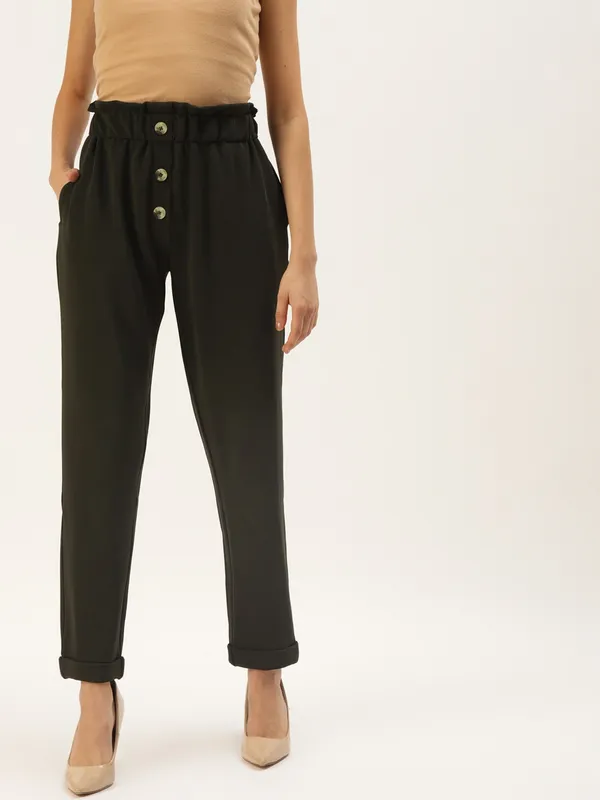 Zastraa_Women_Olive_Green_Solid_Loose_Fit_Peg_Trousers