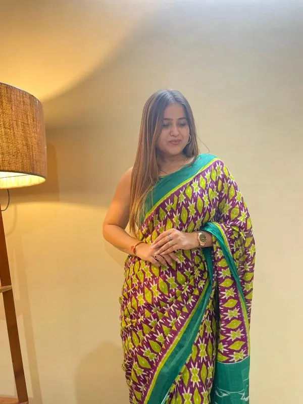 Ikkat_Print_Pure_Soft_Cotton_saree_With_Blouse_Piece