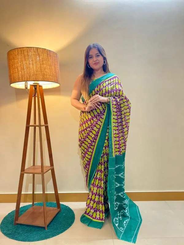Ikkat_Print_Pure_Soft_Cotton_saree_With_Blouse_Piece