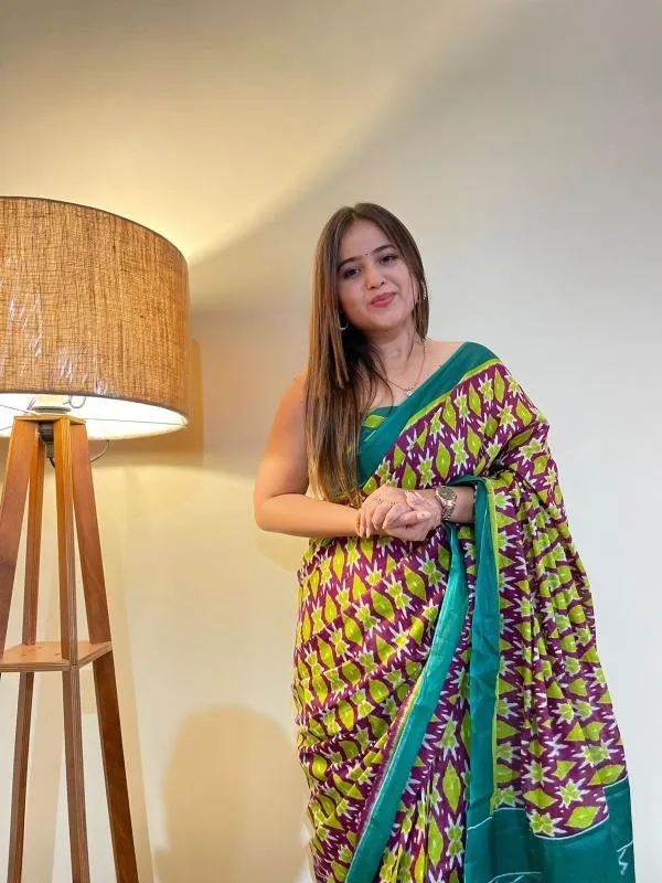 Ikkat_Print_Pure_Soft_Cotton_saree_With_Blouse_Piece