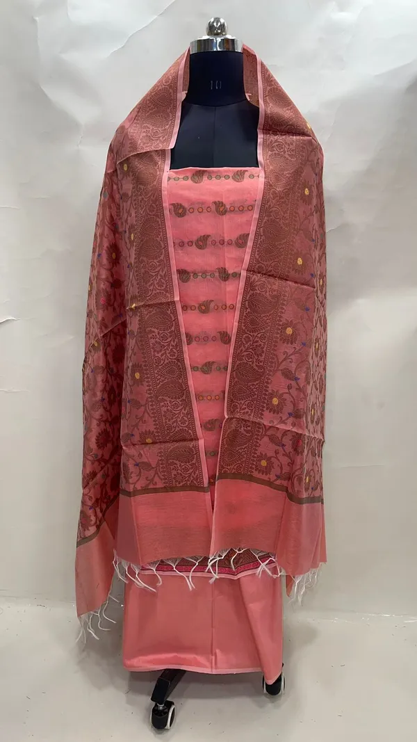 Humairah_Present_Peach_Cotton_Resham_Copper_Zari_3pcs_Suit_Set_accompanied_with_Plain_Bottom_and_Top_Copper_Zari_Cotton_Small_Booti_Stripe_with_Peach_Mina_Jaal_Dupatta