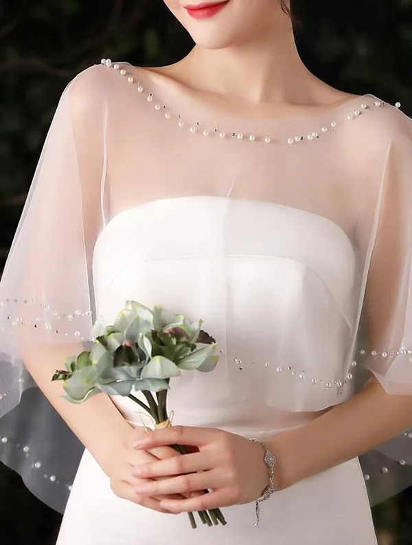 White_Net_Bridal_Beaded_Tulle_Poncho_Shawls_With_Pearl_For_Women