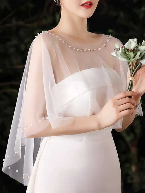 White_Net_Bridal_Beaded_Tulle_Poncho_Shawls_With_Pearl_For_Women