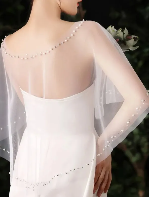White_Net_Bridal_Beaded_Tulle_Poncho_Shawls_With_Pearl_For_Women