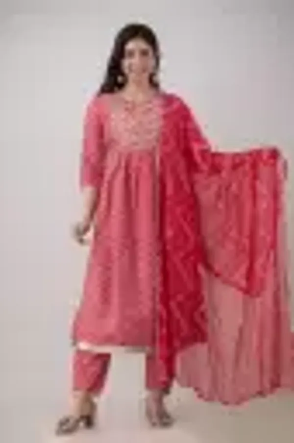 Women_Elegant_Red_Embroidery_Kurti_&_Pant_with_Dupatta_Set