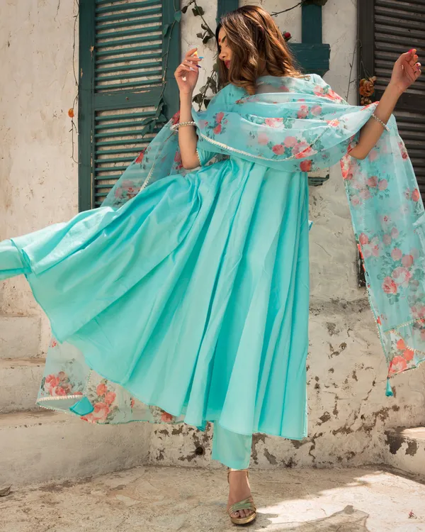 ZestLeaf_Cyan_Blue_Anarkali_Set_with_Organza_Dupatta_-_Set_of_Three_"