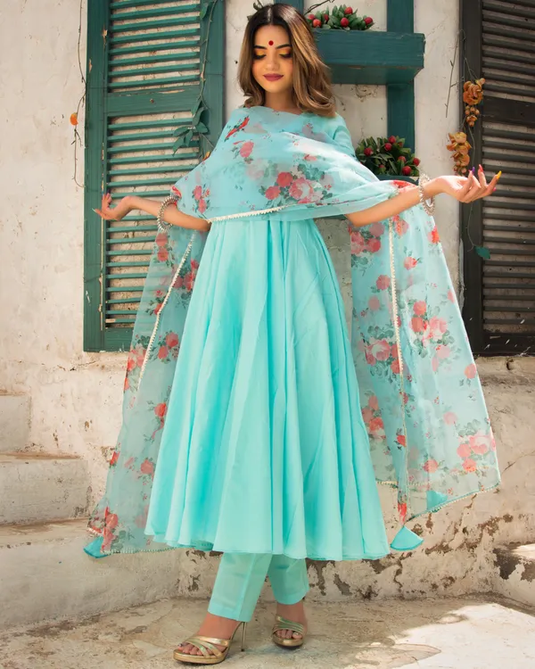 ZestLeaf_Cyan_Blue_Anarkali_Set_with_Organza_Dupatta_-_Set_of_Three_"