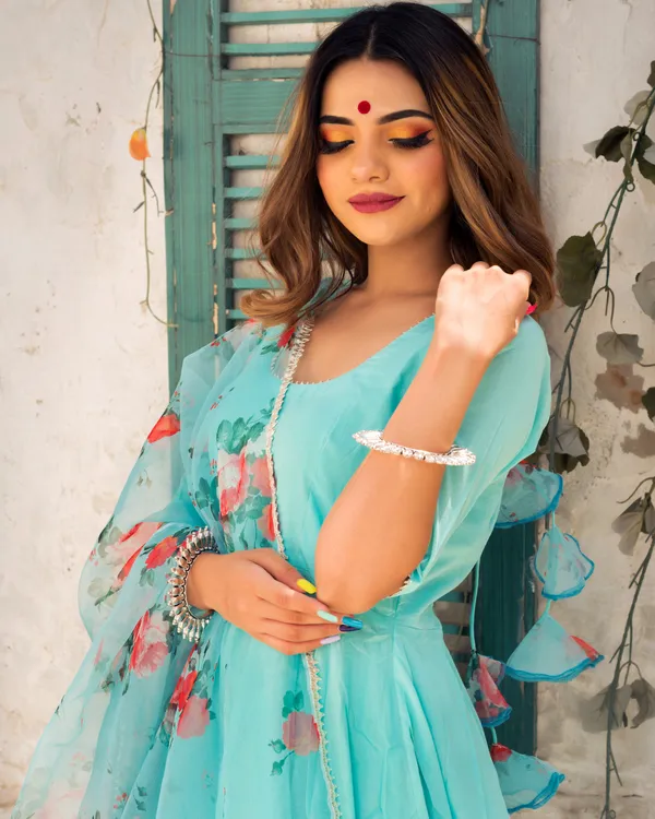 ZestLeaf_Cyan_Blue_Anarkali_Set_with_Organza_Dupatta_-_Set_of_Three_"