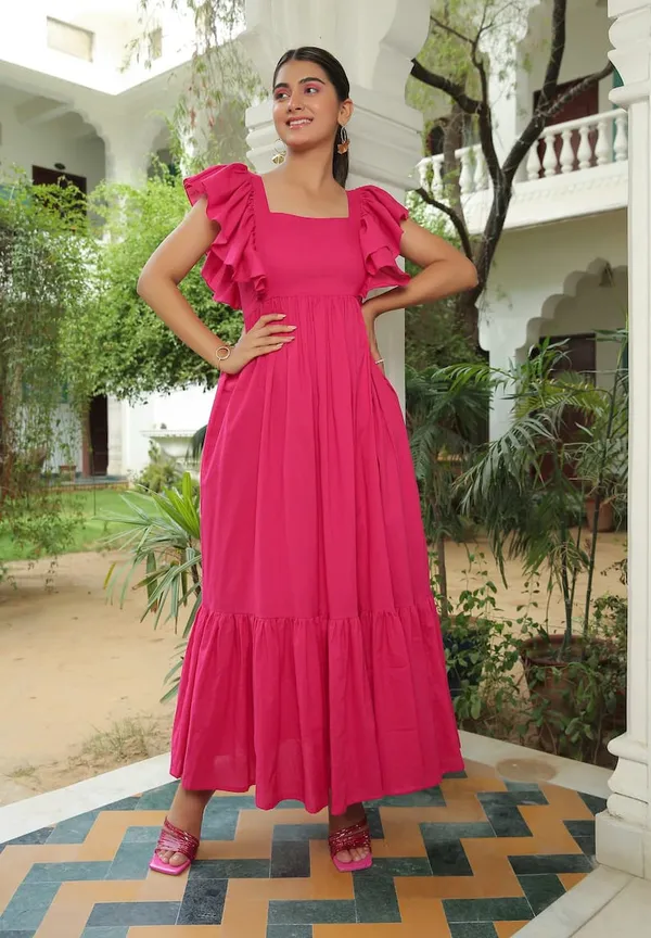 ZestLeaf_Women's_Pink_Solid_A-Line_Dress_|_Square_Neck_Maxi_with_Flutter_Sleeves