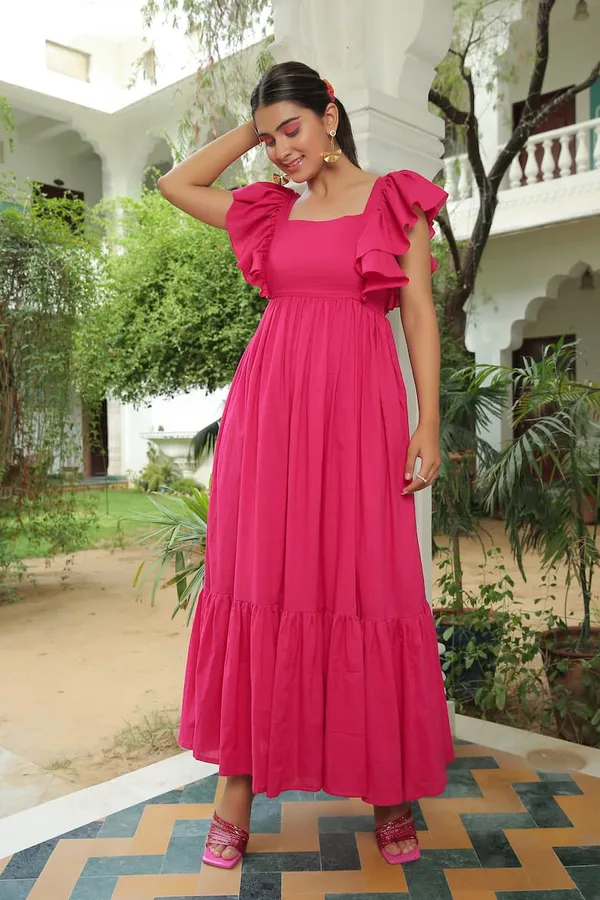 ZestLeaf_Women's_Pink_Solid_A-Line_Dress_|_Square_Neck_Maxi_with_Flutter_Sleeves
