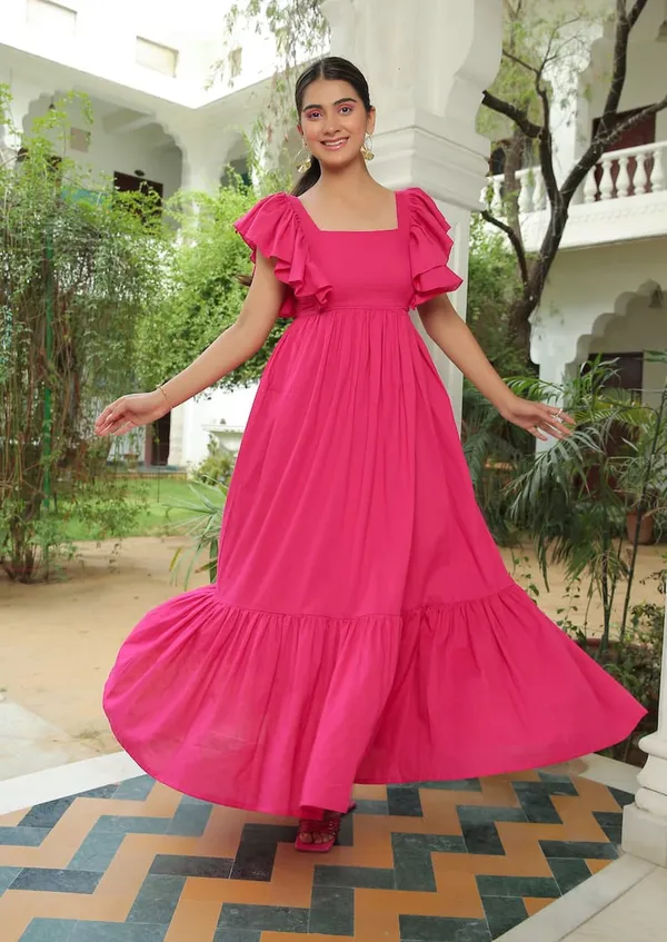 ZestLeaf_Women's_Pink_Solid_A-Line_Dress_|_Square_Neck_Maxi_with_Flutter_Sleeves