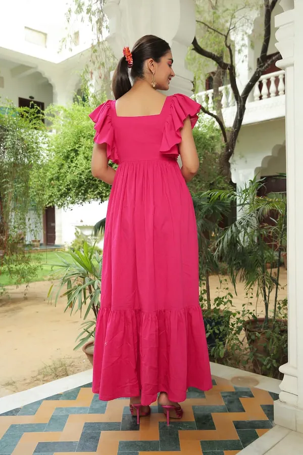 ZestLeaf_Women's_Pink_Solid_A-Line_Dress_|_Square_Neck_Maxi_with_Flutter_Sleeves