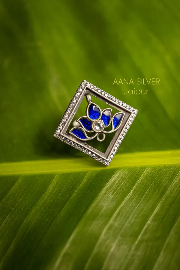 925_Pure_Sterling_Silver_|_Blue_Lotus_Kundan_Jadau_Ring_|_Well_Stamped_&_Hallmarked
