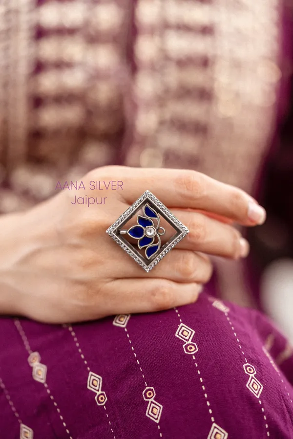 925_Pure_Sterling_Silver_|_Blue_Lotus_Kundan_Jadau_Ring_|_Well_Stamped_&_Hallmarked
