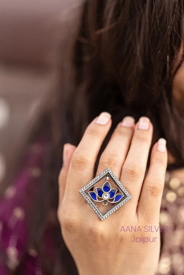 925_Pure_Sterling_Silver_|_Blue_Lotus_Kundan_Jadau_Ring_|_Well_Stamped_&_Hallmarked