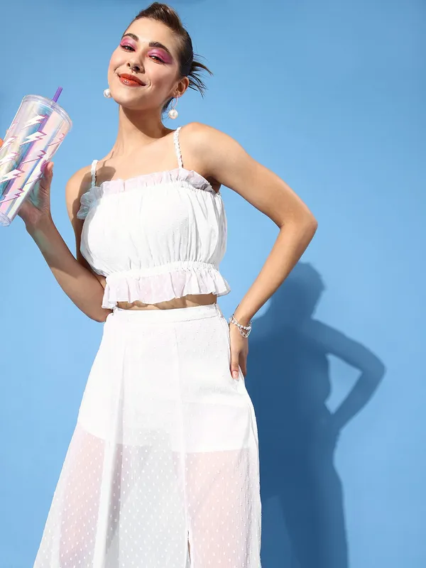 White_Chiffon_Square_Neck_Top_&_Skirt_For_Women_Co-Ords_Set