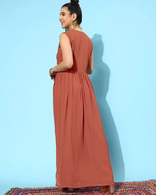 Rust_Georgette_Zari_Seqence_Embroidered_Pleated_Kurta_With_Palazzo_Set