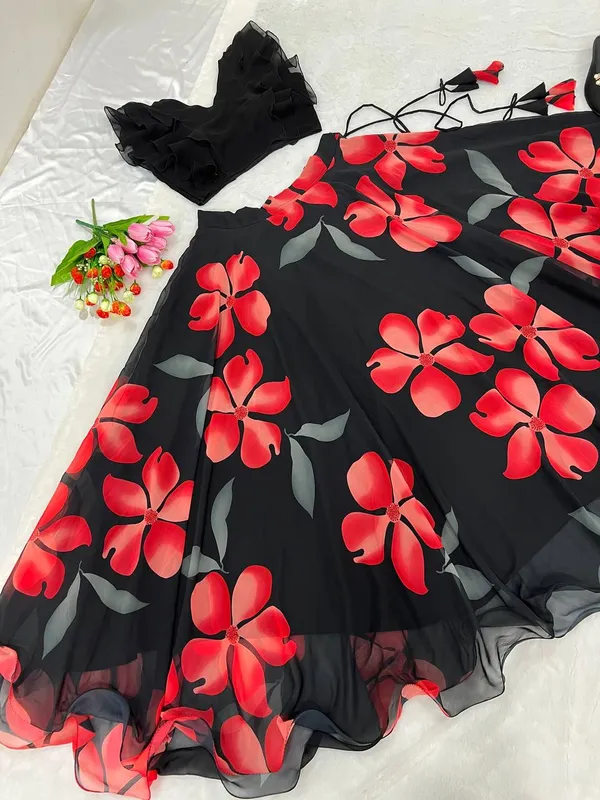 Black_Red_Stunning_Floral_Print_Lehenga_Choli_Set_For_Girls