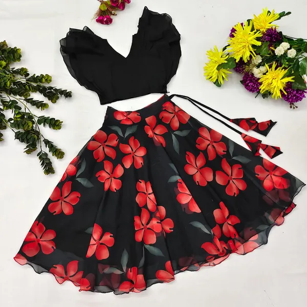 Black_Red_Stunning_Floral_Print_Lehenga_Choli_Set_For_Girls