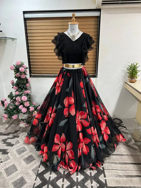 Black_Red_Stunning_Floral_Print_Lehenga_Choli_Set_For_Girls